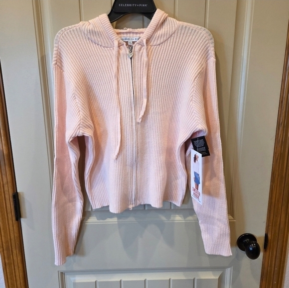 Light Pink Ribbed Sweater Hoodie Juniors XL Trendy Casual Fall Layering - Picture 3 of 8